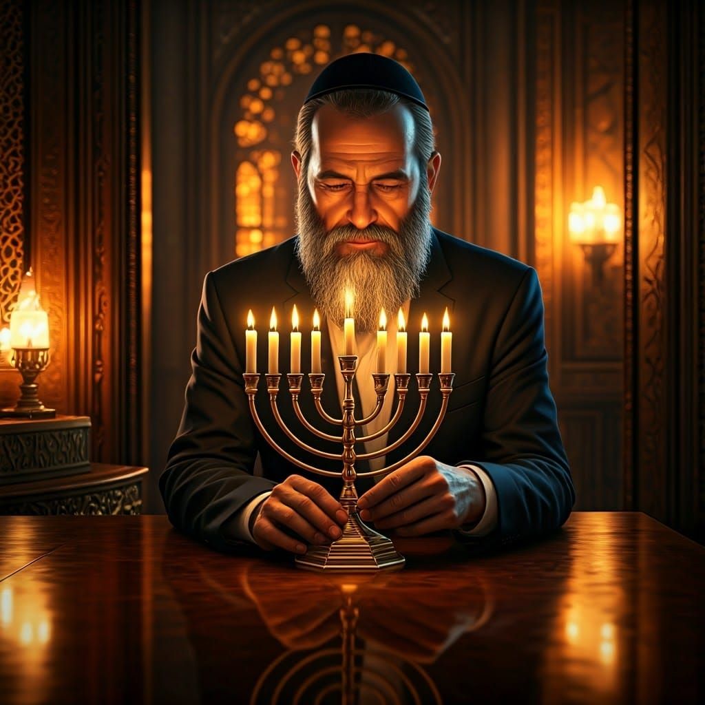 A Gentle Rabbi Lights the Hanukkiah in Warm, Golden Light