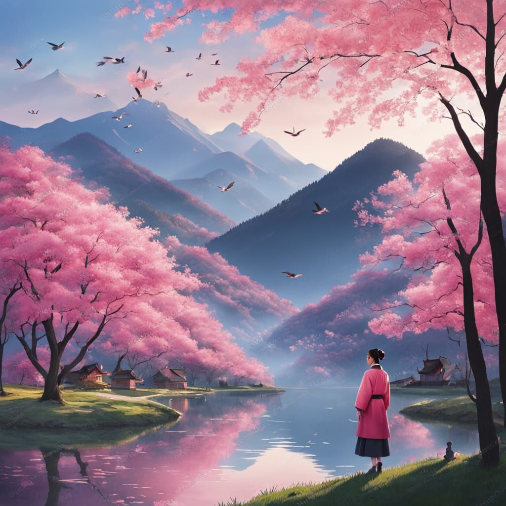 Korean Woman Admiring Spring Sunrise Scenery
