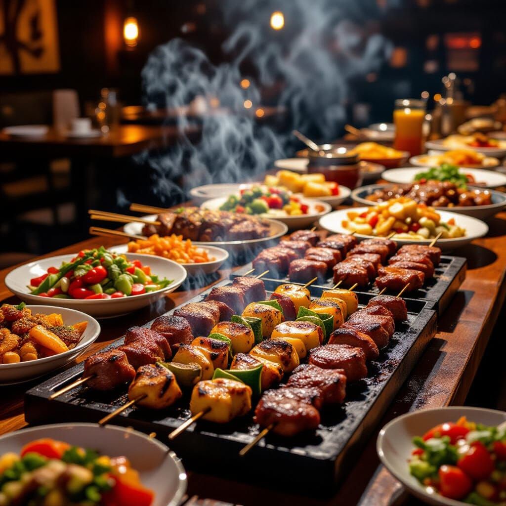 Feast of Barbecue Dishes on Long Table