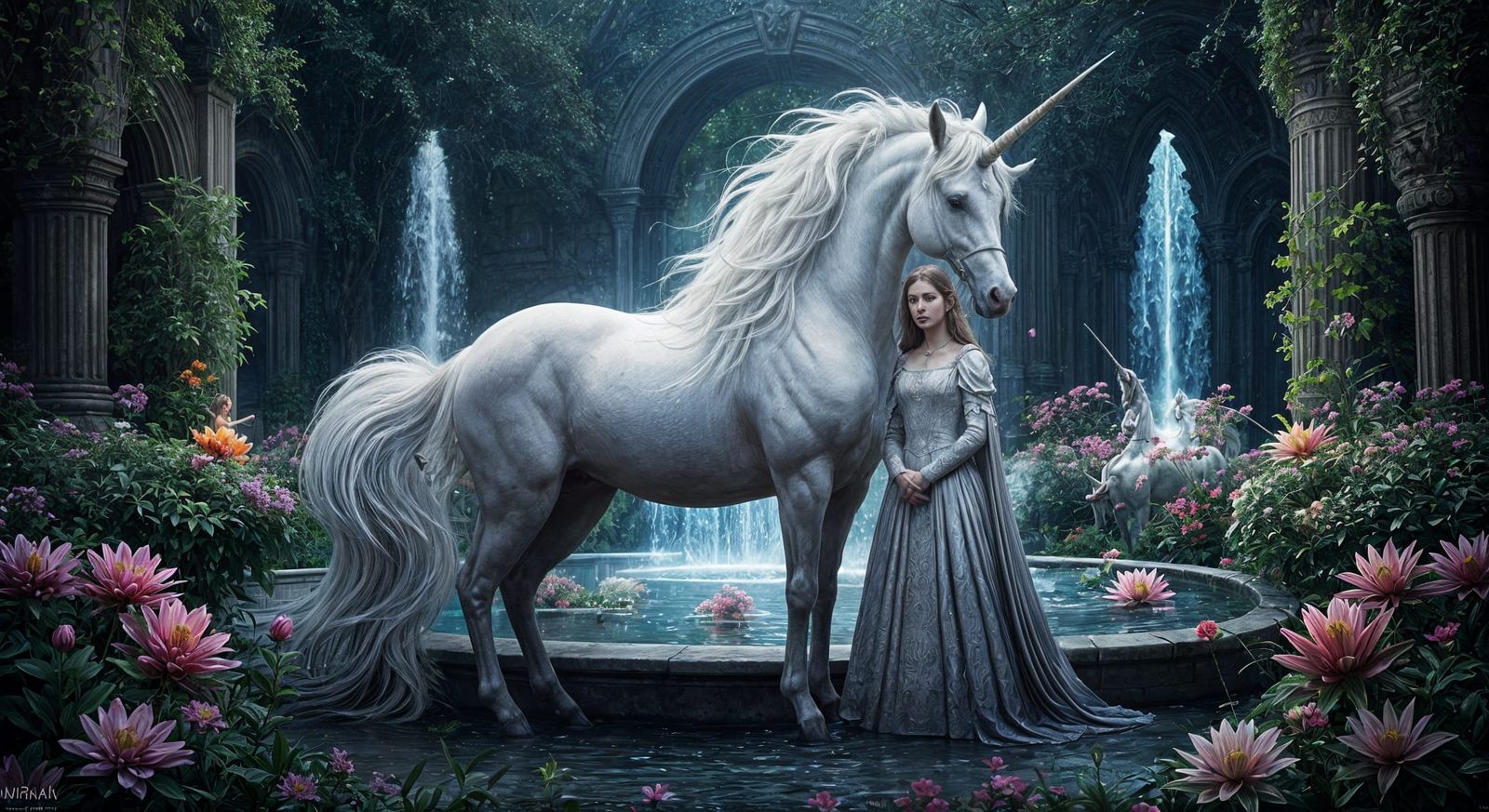 beautiful white unicorn and a beautiful eleven princess, background a fountain and flowers, a masterpiece, ...  by @Ed Evans