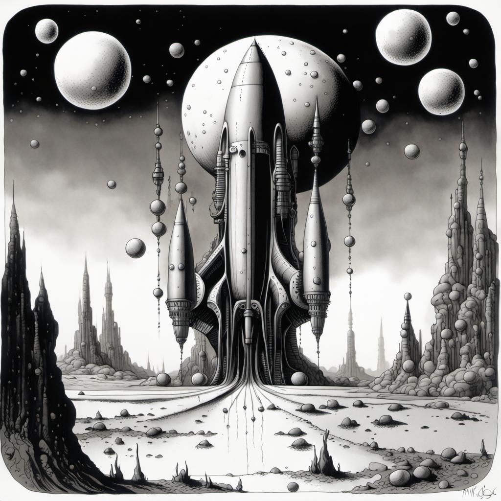 A fantasy rocket ship landing on a strange landscape with bu...