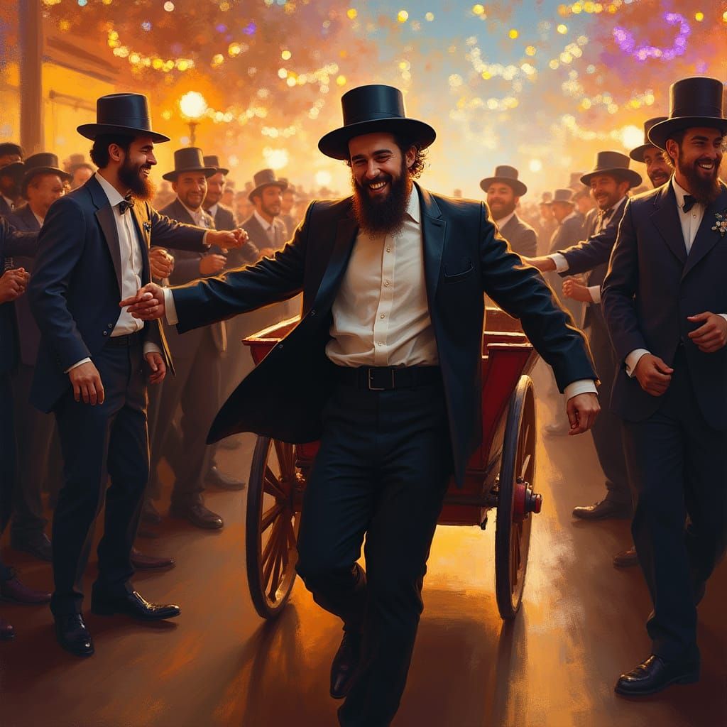 Joyful Groom Dances with Wedding Cart in Oil Painting Style