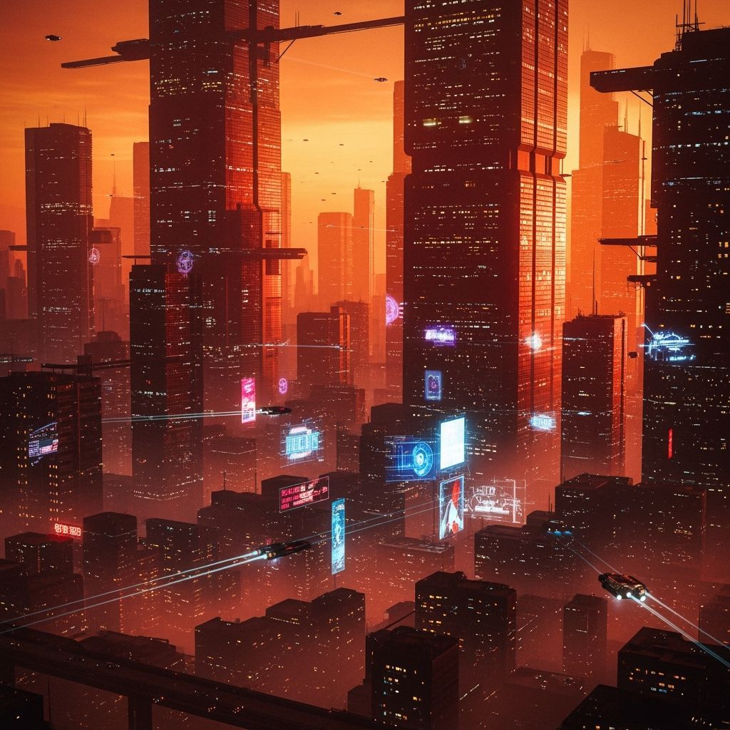 Cyberpunk Cityscape at Crimson Twilight