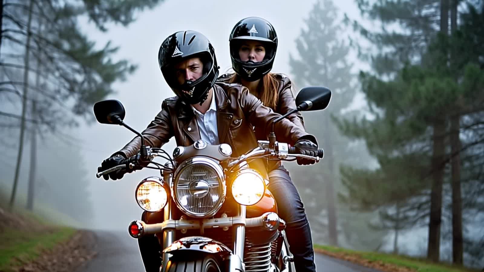 The man was carrying his woman on a Harley Davidson motorbike, both of them were wearing helmets and leather jackets, th...