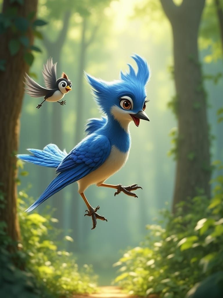 Jay and magpie flying in the forest, summer image in 3d pixar style, realistic, cute, comical