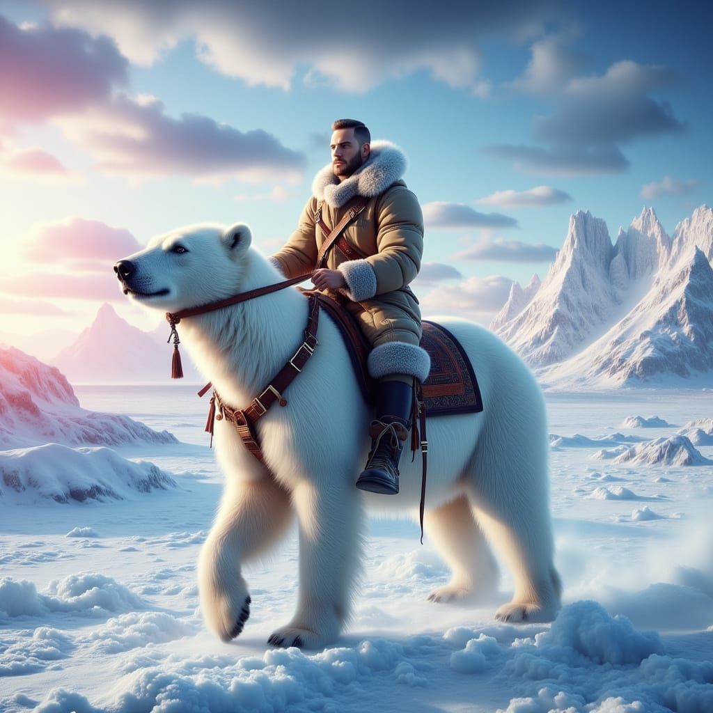<lora:SumnerVision2:1.0> "Stunning cinematic scene of a young man riding a magnificent polar bear across a vast Arctic wasteland" "The man w...