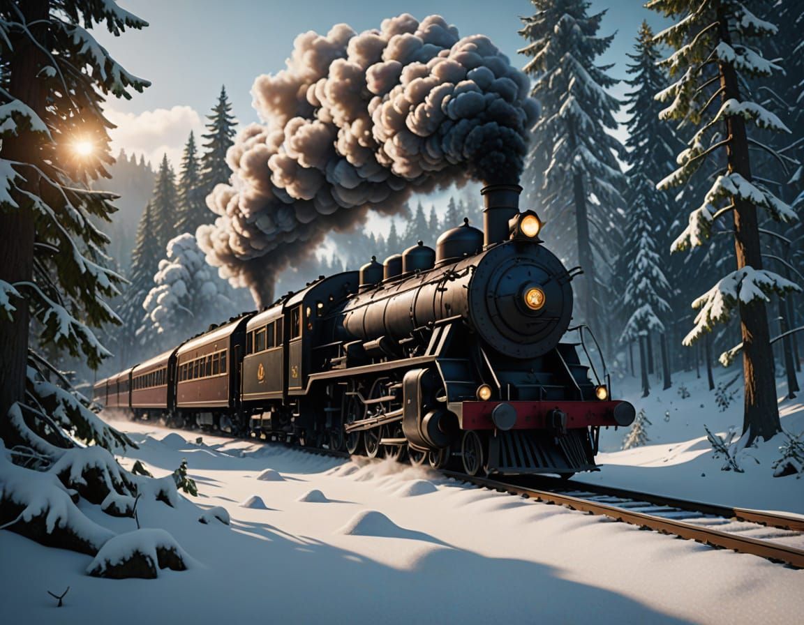 (((Magical steam train))), (Hogwarts Express style), (gliding through a ((snowy Pacific Northwest forest)))), ...  by @GoingJade