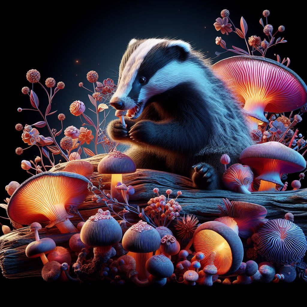 Badger eating mushrooms