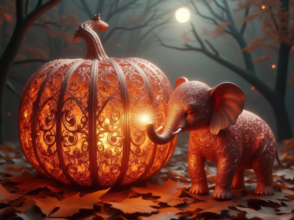 <lora:FiosCopperLace:1.0> Elephant and Pumpkin with sparkler