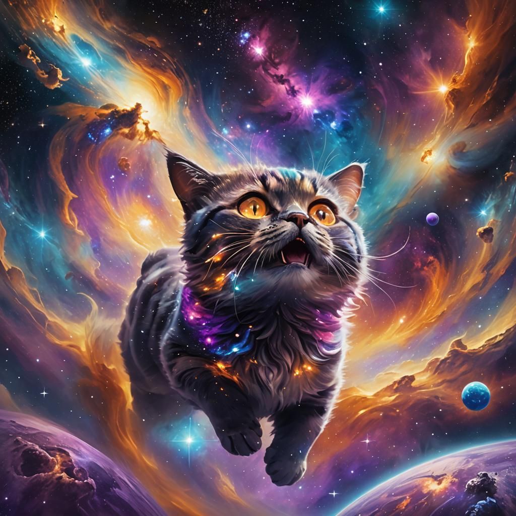 Galaxy Cat Floating in Space, Oil Painting Style