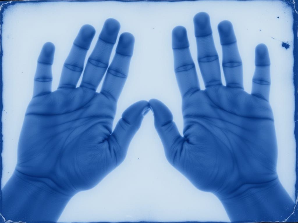 <lora:Cyanotopia:1.0> A rayogram shadow-image of  hands placed directly upon the paper and it was exposed to sunlight. light blue-lilac phot...