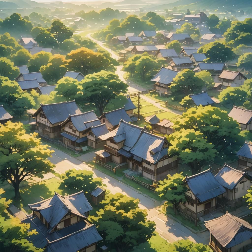 A peaceful anime village at dawn, with golden sunlight strea...