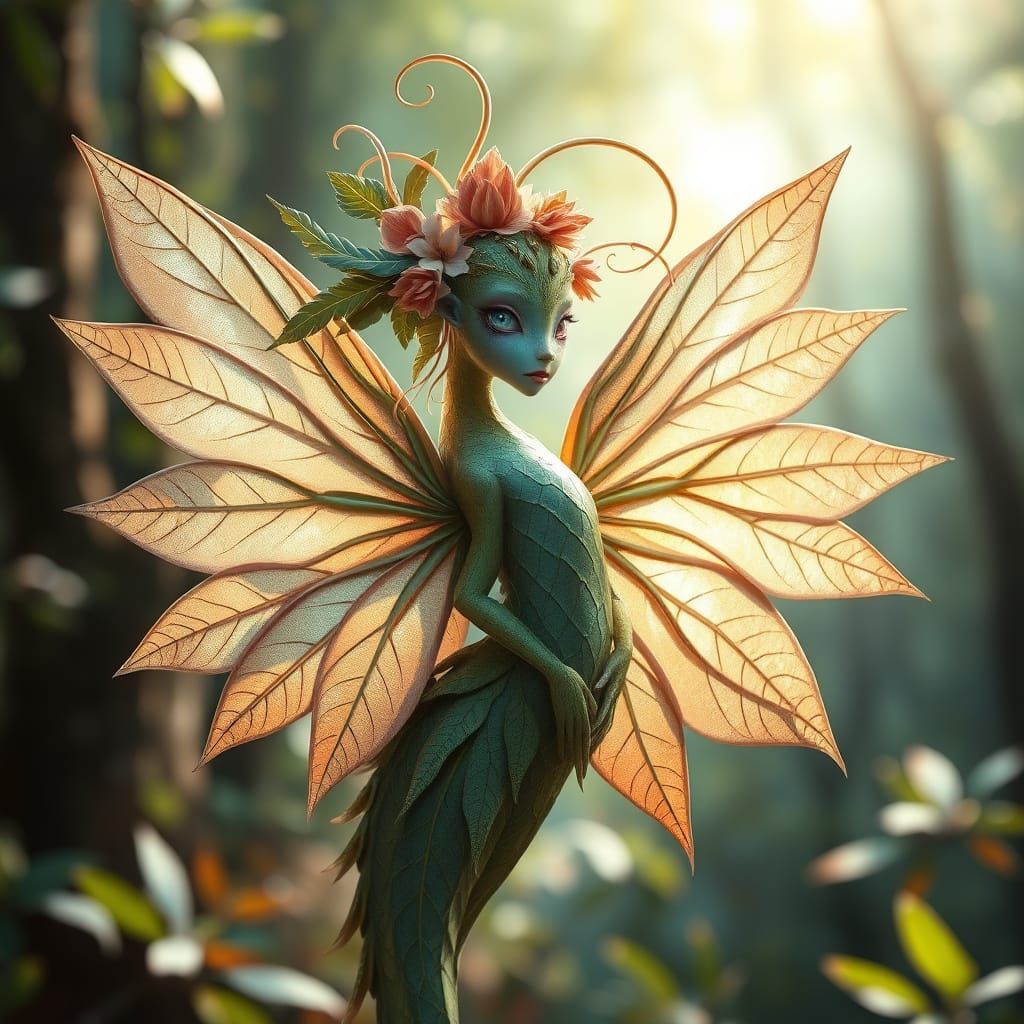 Mystical Leaf-Petal Creature in Vibrant Ethereal Forest