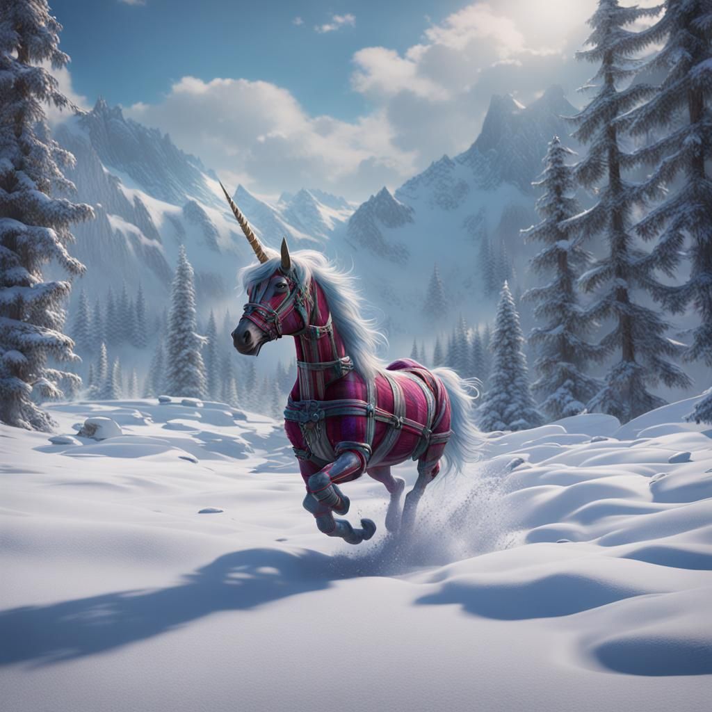 Unicorn (McLeod plaid colored) running across snowy meadow