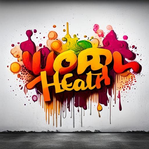 word health on clean white wall, splatter art,red maroon and orange, 