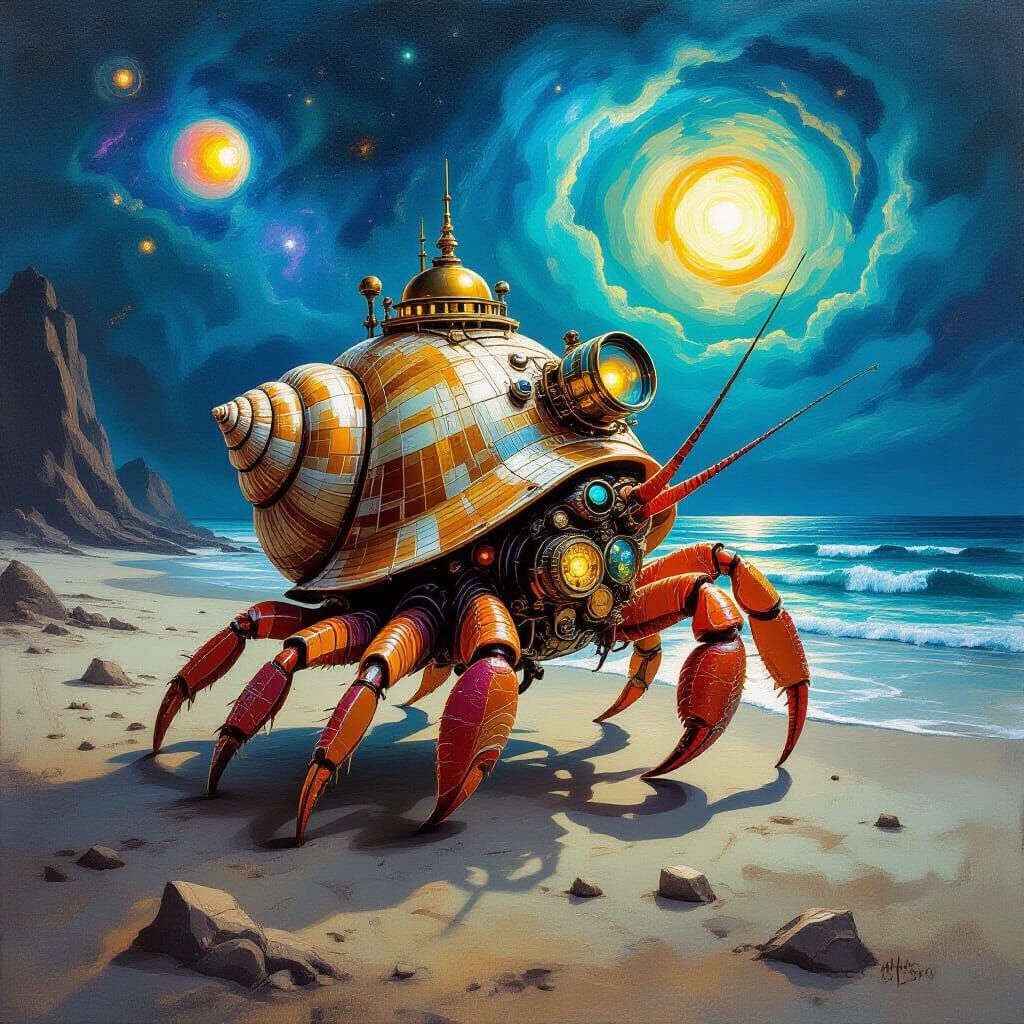 A colossal, bioluminescent hermit crab scuttles across a desolate, alien beach, its shell adorned with a miniature, steampunk observatory, c...