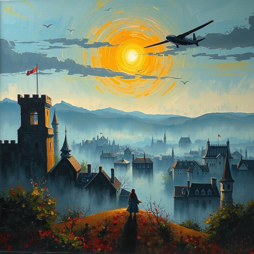 Fantasy Medieval City Skyline in Celtic Charcoal Art