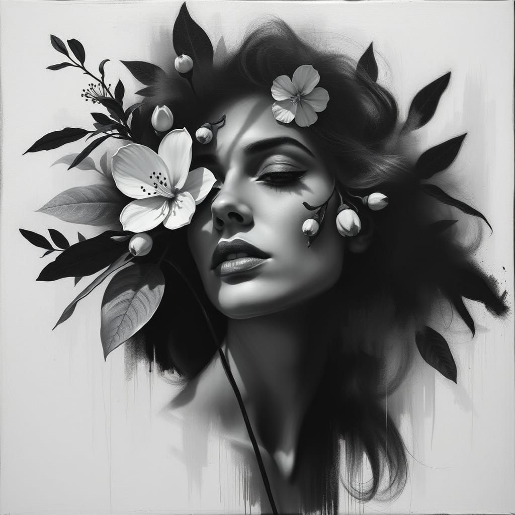 Woman in Monochrome Oil Painting Amidst Verdant Plants