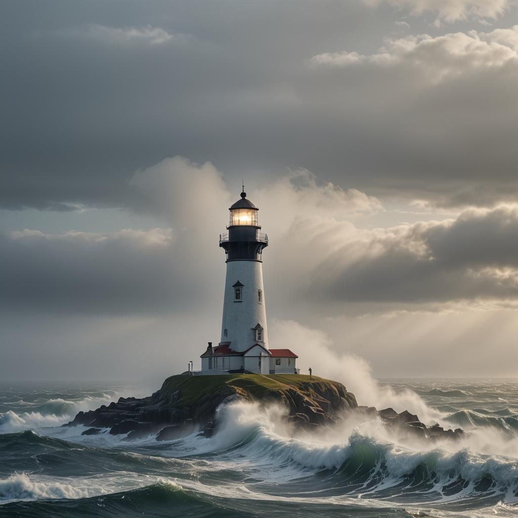 A lighthouse in the fog, light shining into the fog, ocean w...
