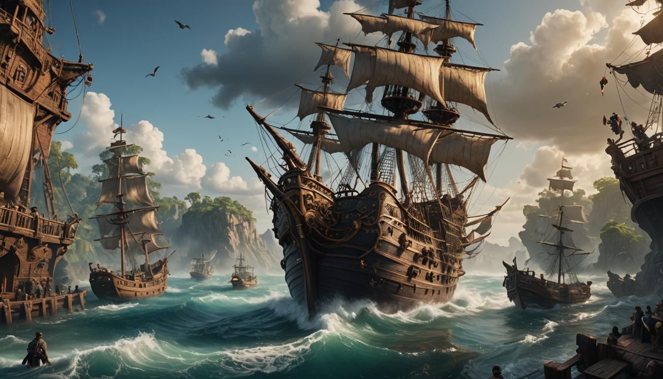 "An artist painting a picture of a pirate ship with water coming out""detailed matte painting, deep color, fantastical, ...