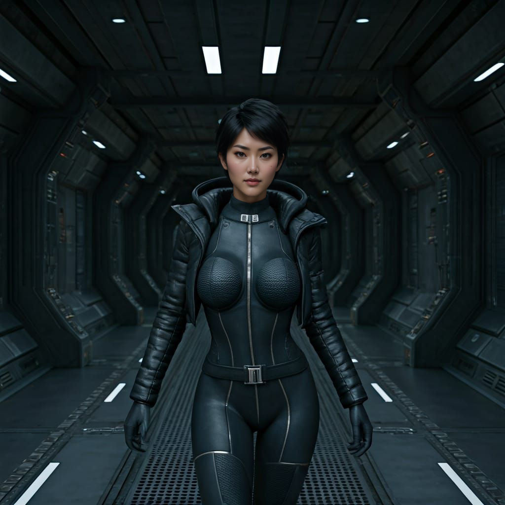 Photorealistic Asian Woman in Spaceship Corridor