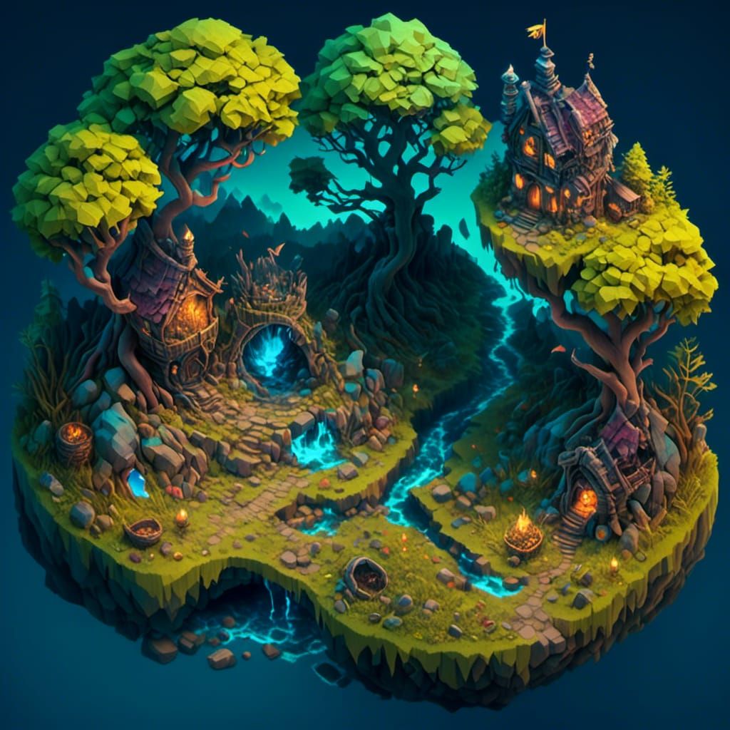  <lora:Isometric View:1.0> isometric view on a magical grove