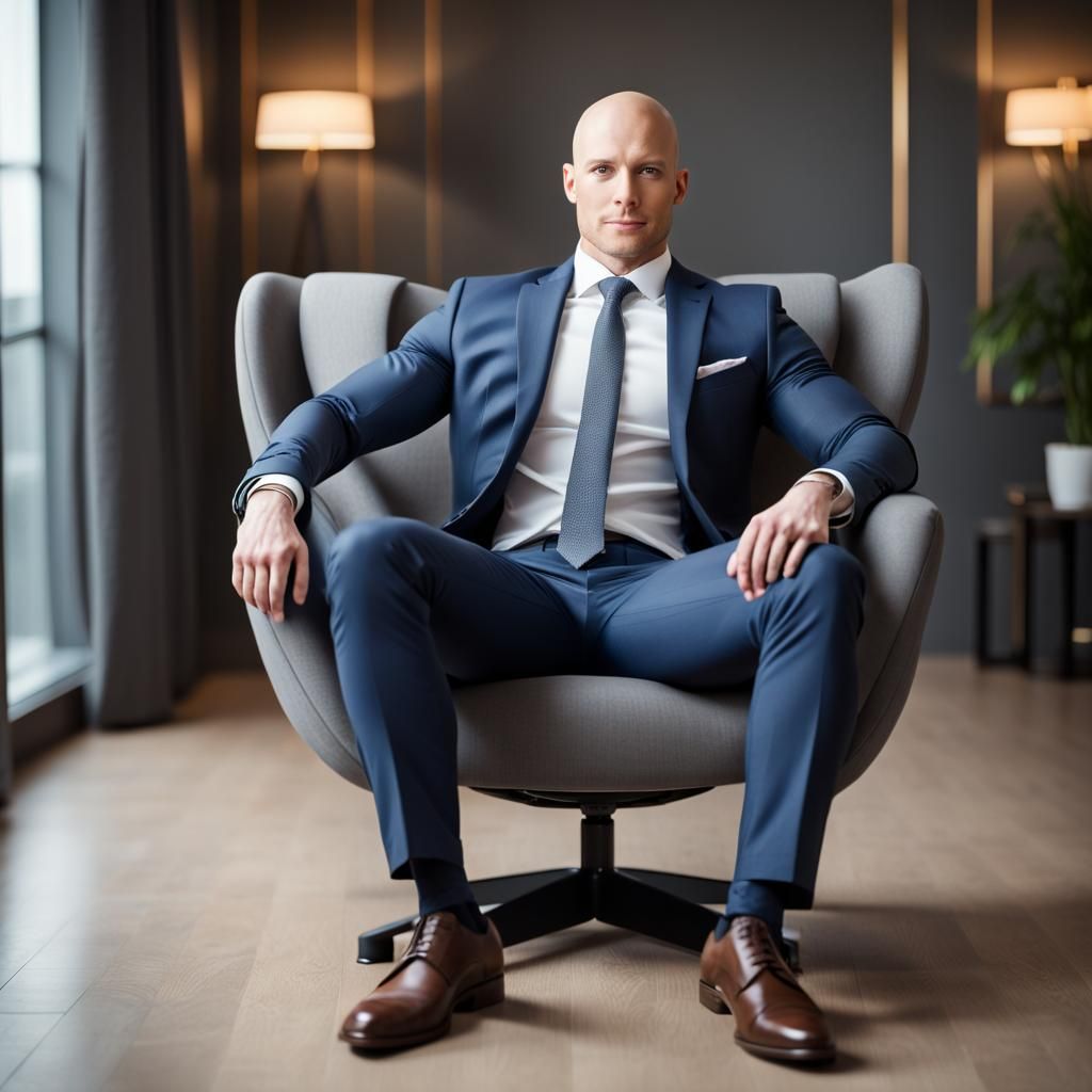 handsome, muscular 30-year-old bald man in suit, sitting in chair with legs  spread, facing viewer - AI Generated Artwork - NightCafe Creator