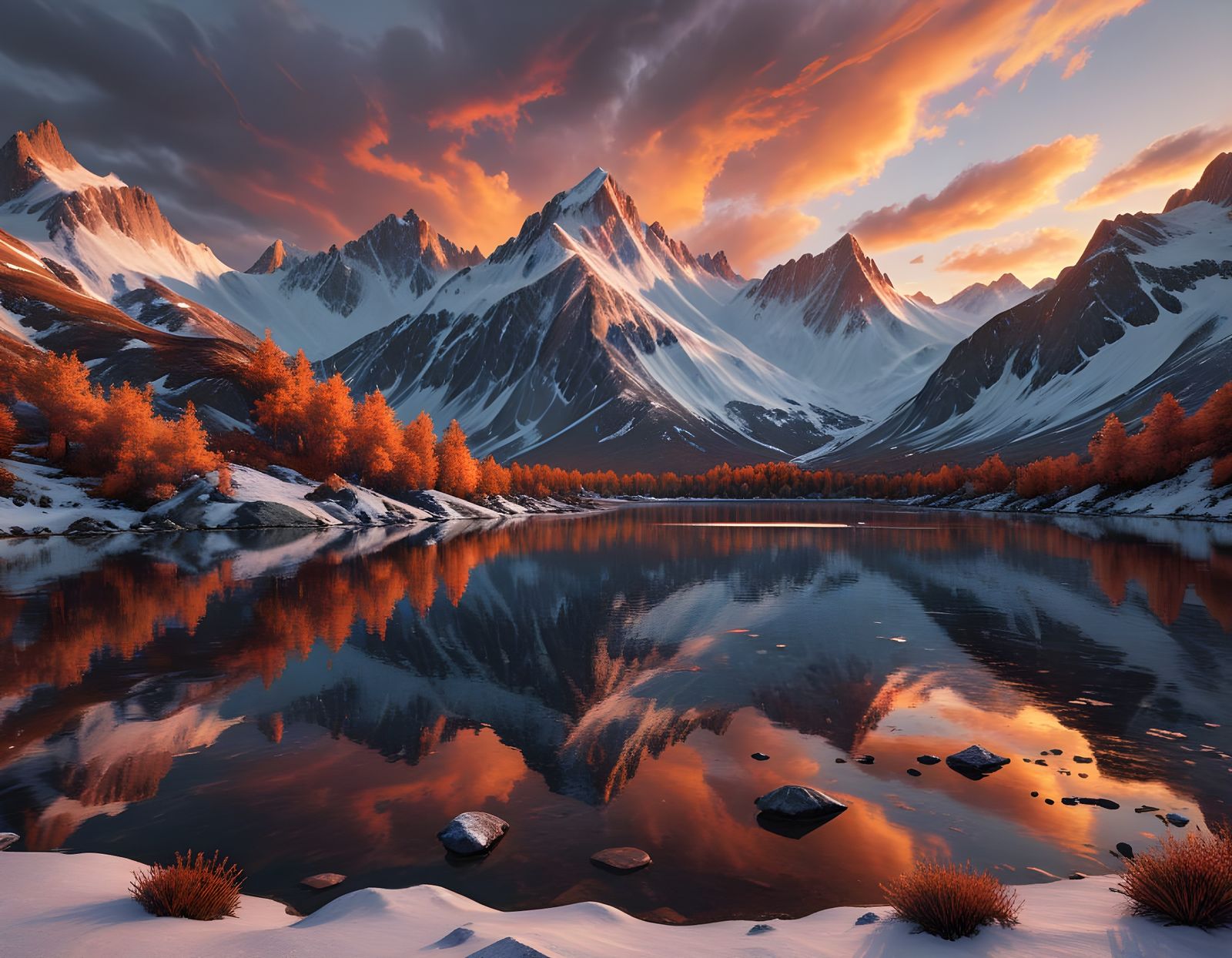 Mountains with snow, and a lake reflecting colors.  by @L Churchward