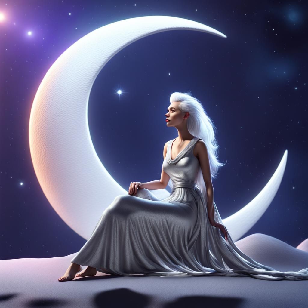 Woman with glittering white hair sitting on the moon with a long ...