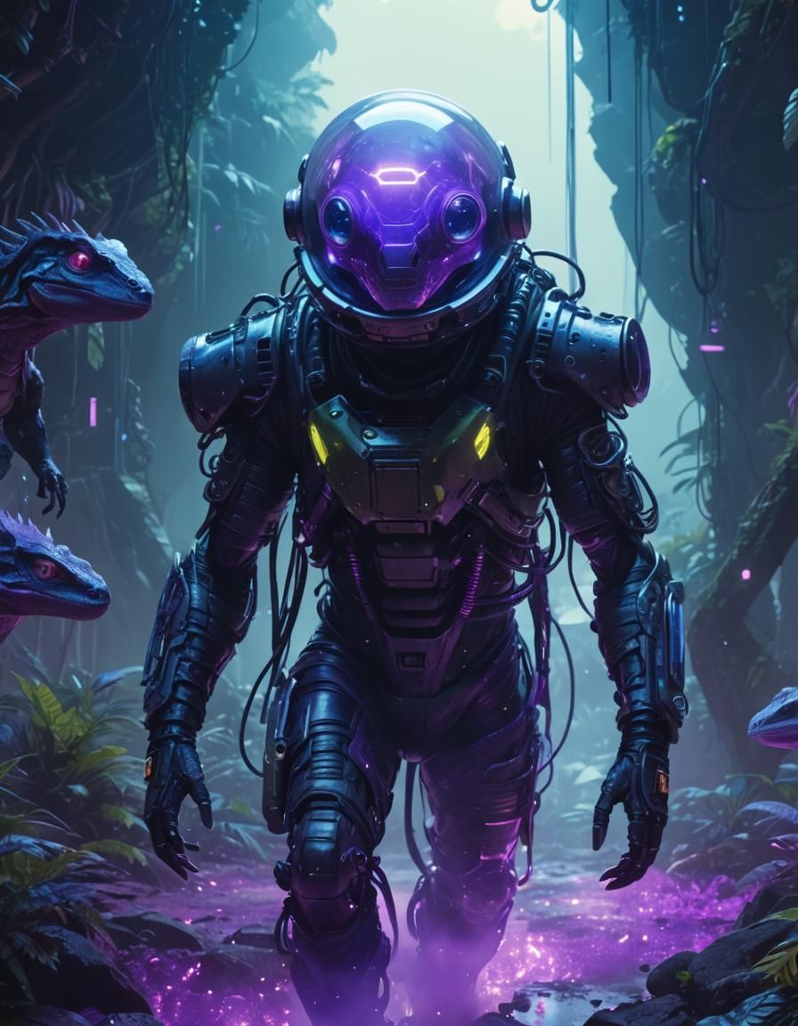 cyberpunk trashpunk reptilian lizard person bubble helmet wa...