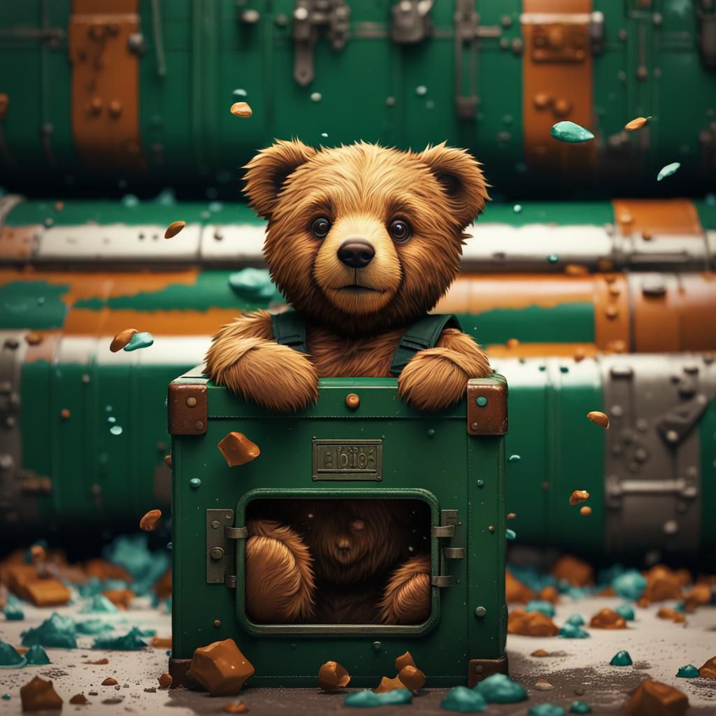 Cute brown teddy bear that got out from a big locked dark gr...