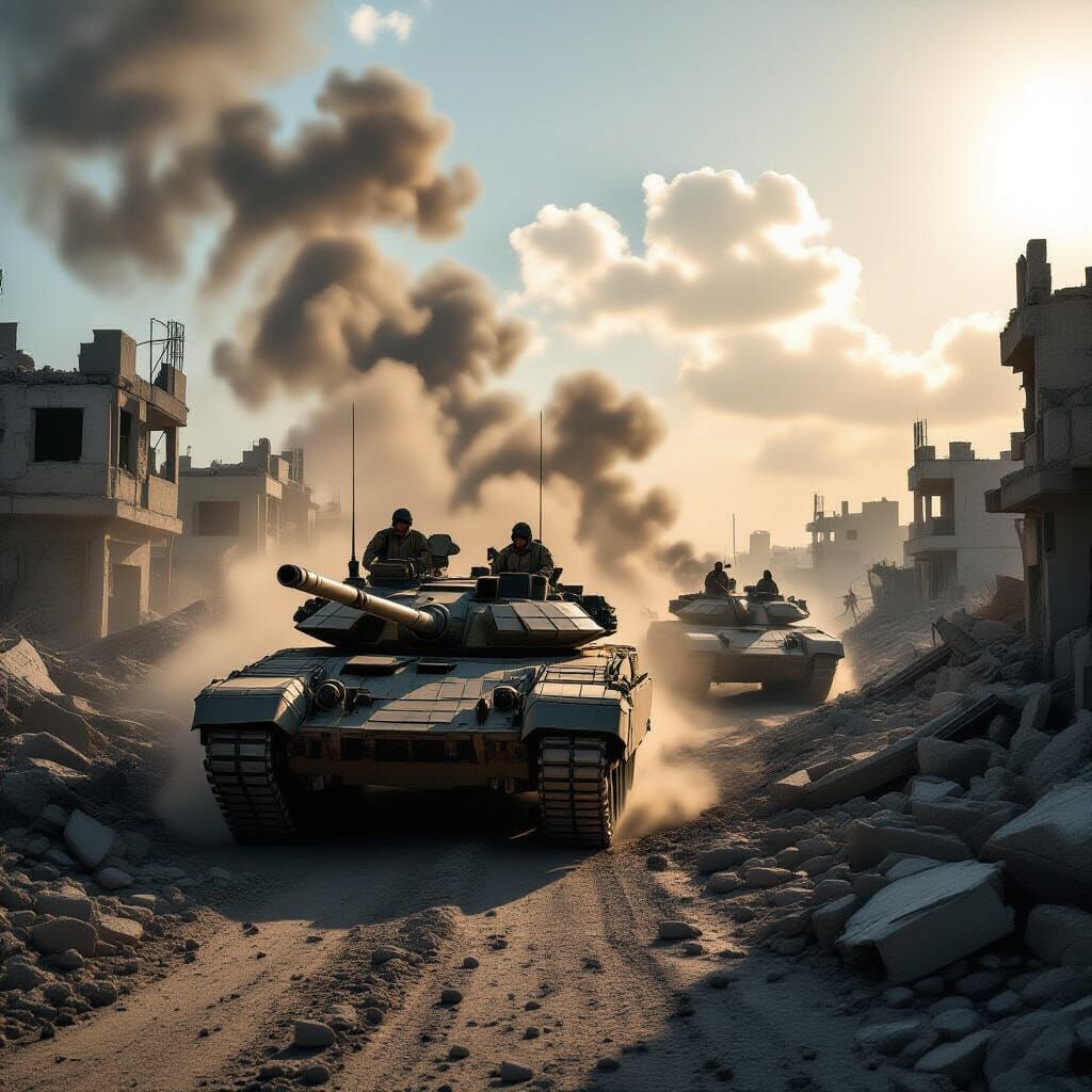 Israeli Tanks in Gaza Ruins, Cinematic War Photography Style