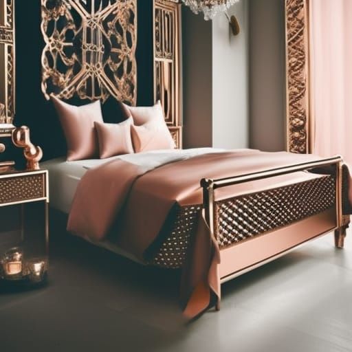 Beautiful rose gold bed with Rose gold sheets and blankets& Rose gold metal frame& glamorous