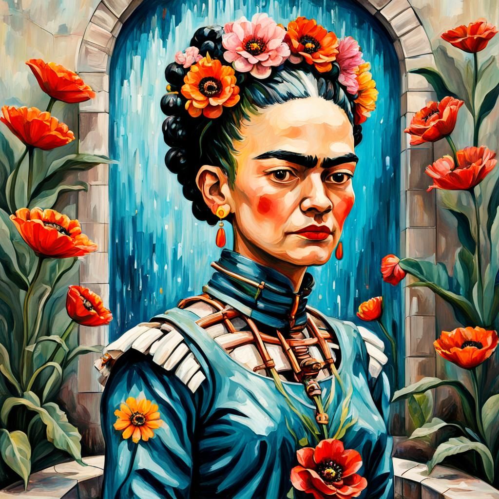 Frida Kahlo in paintful exoskeleton. In mexico city. Fountain. She ...