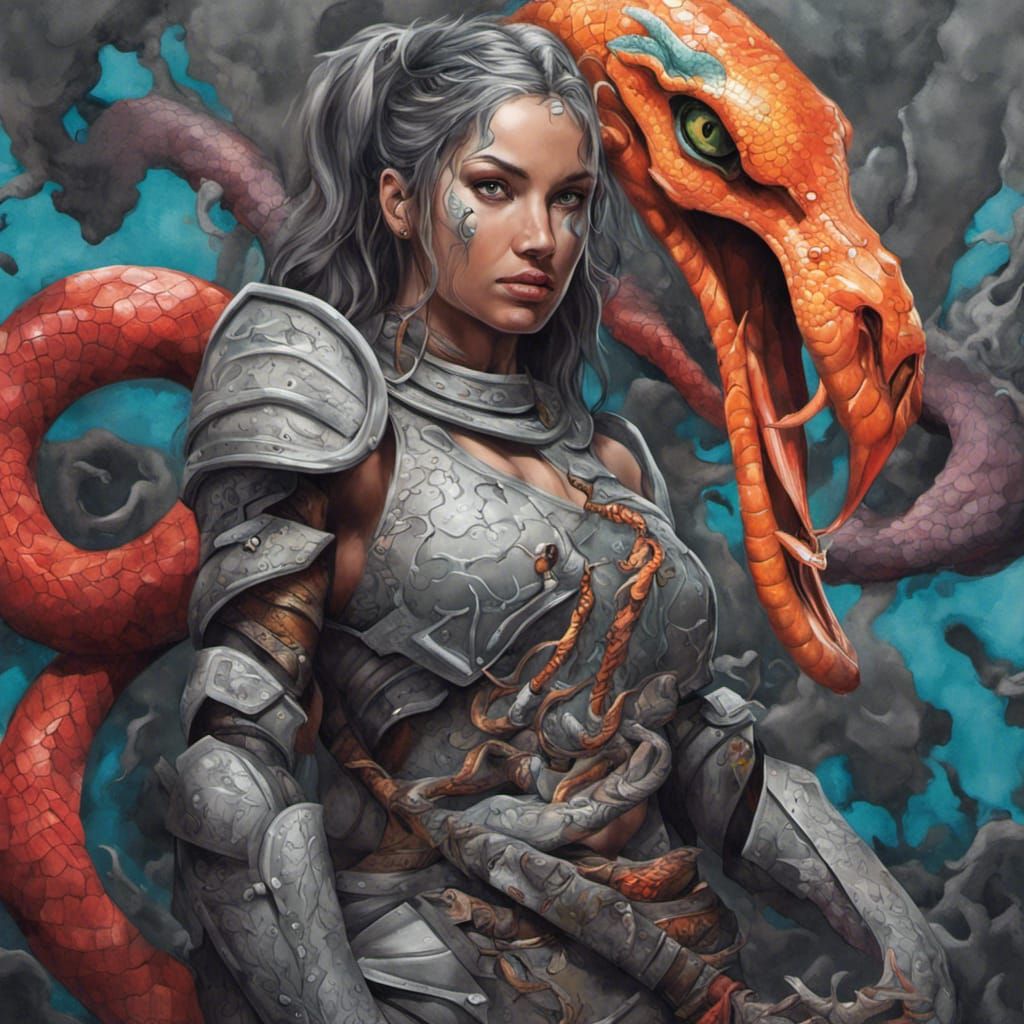 woman with snake lower half, warrior in grey armor, naga lamia ...