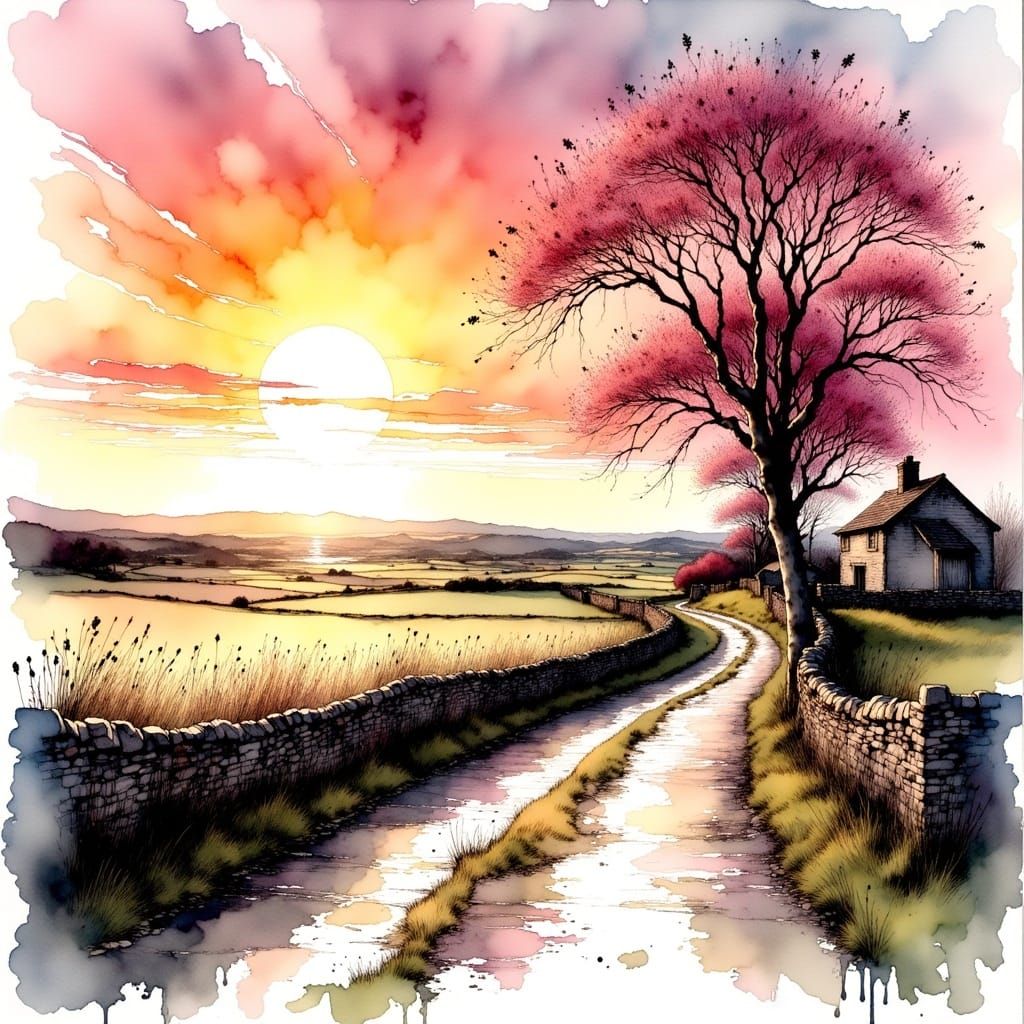 <lora:Ink Poet:1.0> Ink. Pooled pigments, delicate stokes. Beautiful country lane lined with drystone walls, and farmers field. Sunset. Ink....