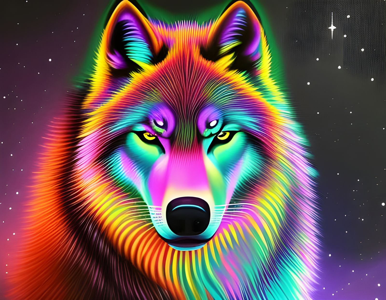 bioluminescent wolf in  outer space, iridescent colors, elab...