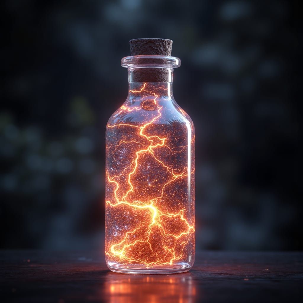 <lora:Hyperreal Fantasy:1.0> Crystal vial containing vibrant glowing and swirling elemental storm essence; ultra-sharp focus, pin-sharp det...