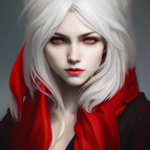 white hair wolf girl red scarf