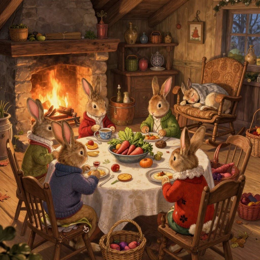 A heartwarming scene from a rabbit's happy place: a festive family burrow during a holiday gathering. ...  by @Eug Belchevsky