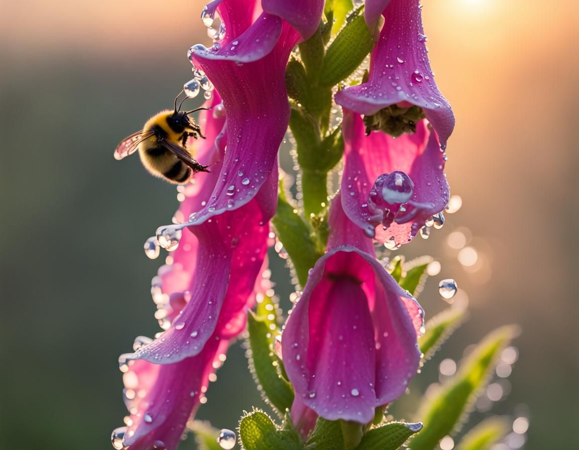 Early Morning Dew Drops On The Foxglove Flowers Sunrise Creating