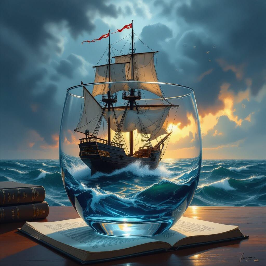 Ship Battles Tempest Inside Glass on Table