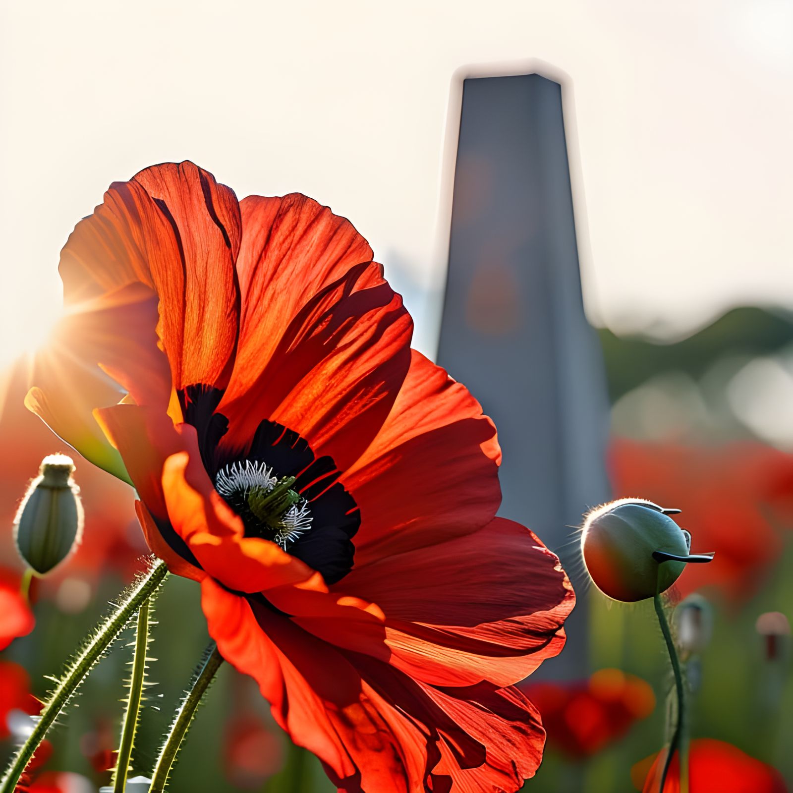 A close up of a red poppy flower bloom in front of a red pop...