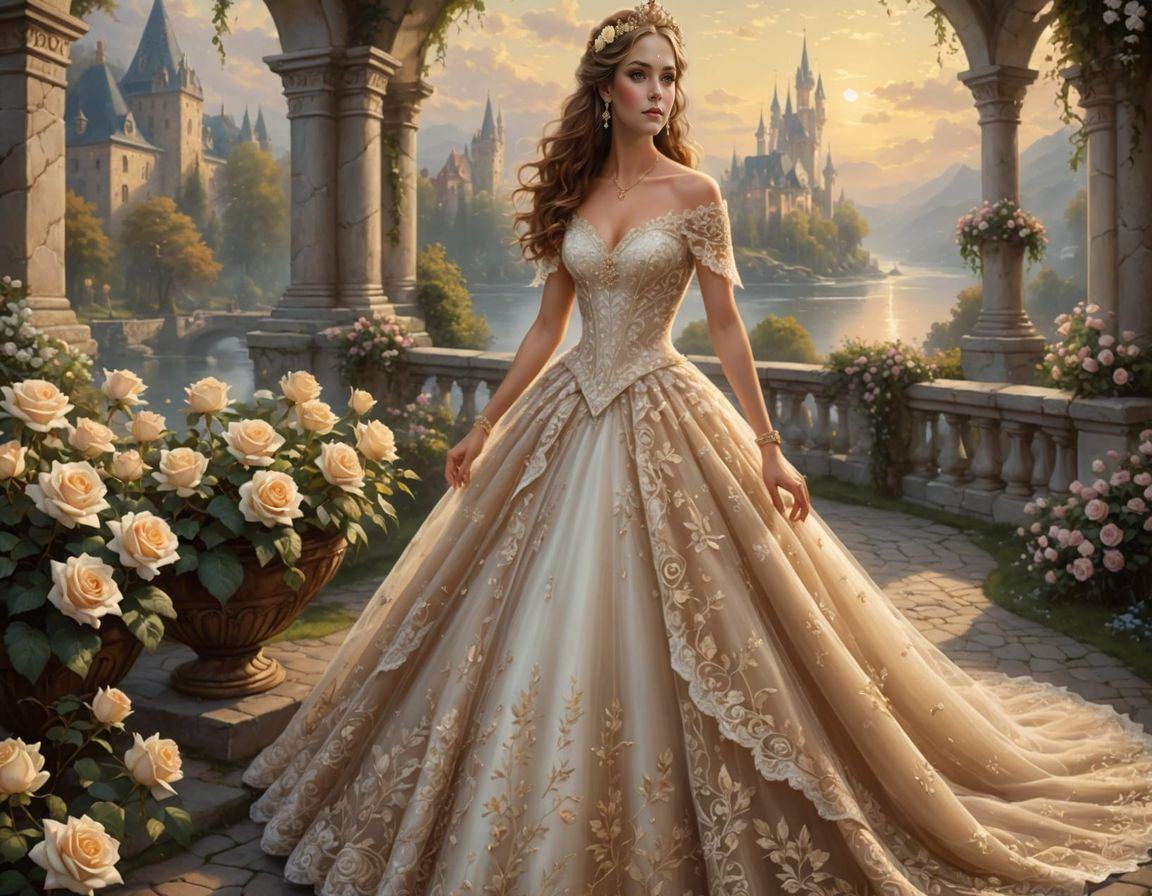 A magnificent beautiful light brown haired bride with the most beautiful white lace and gold and rose dress and most beautiful gold jewlery ...