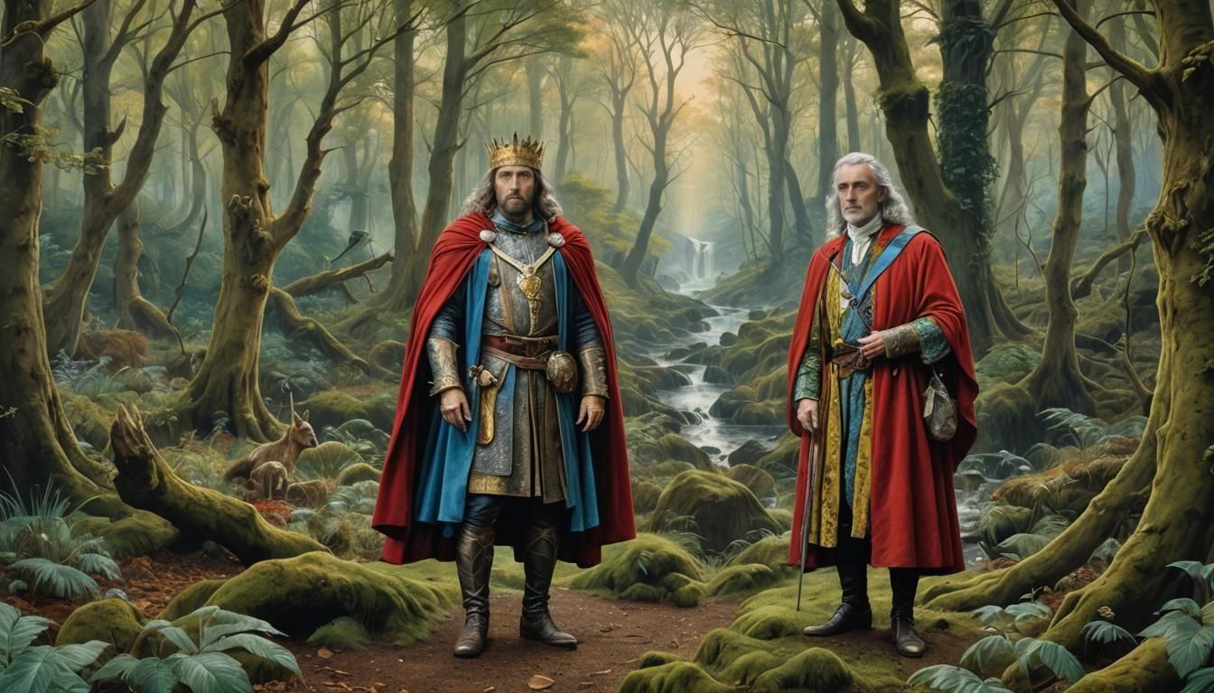 Photo from Hi resolution 8K TV show " mythical characters "King Arthur and Merlin" stands in forest, colourful clothes " TV show, an oil pai...