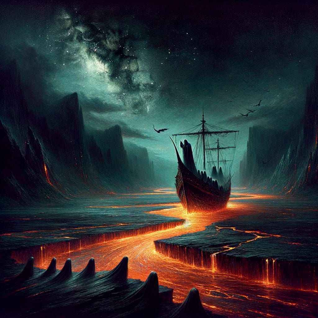 Charon's infernal ship navigating on river Acheron, on a riv...