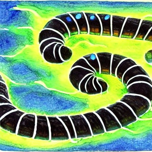 a bioluminescent centipede, detailed ink drawing, watercolou...
