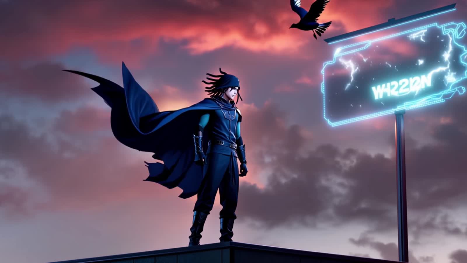 Anime-inspired stormy sky with glowing red clouds, hooded male character with dreadlocks standing on a rooftop, cape blo...