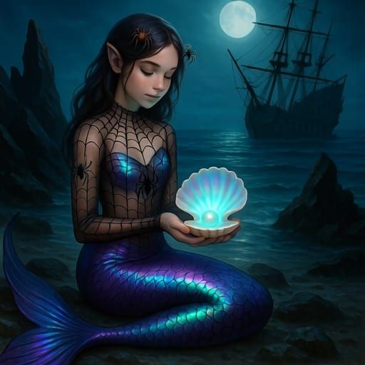 A lovely girl dressed as a spider-mermaid hybrid, with a shiny iridescent mermaid tail in shades of deep violet and teal, complemented by de...