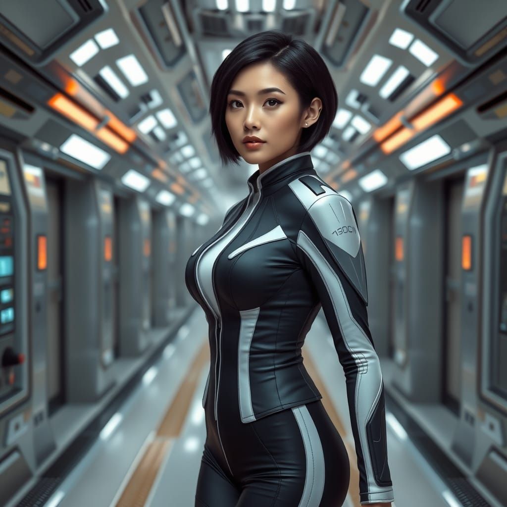 Photorealistic Asian Woman in Spaceship Corridor